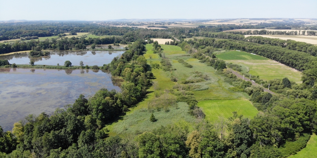 Letecký pohled na nově vyhlášenou přírodní rezervaci Jistebnické mokřady v CHKO Poodří.